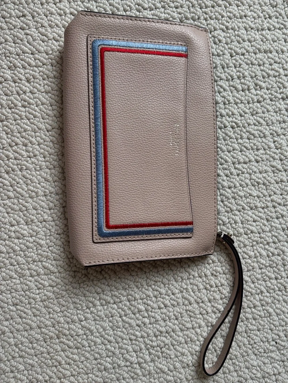 kate spade Blush Pink Leather Wristlet with Blue and Red Trim